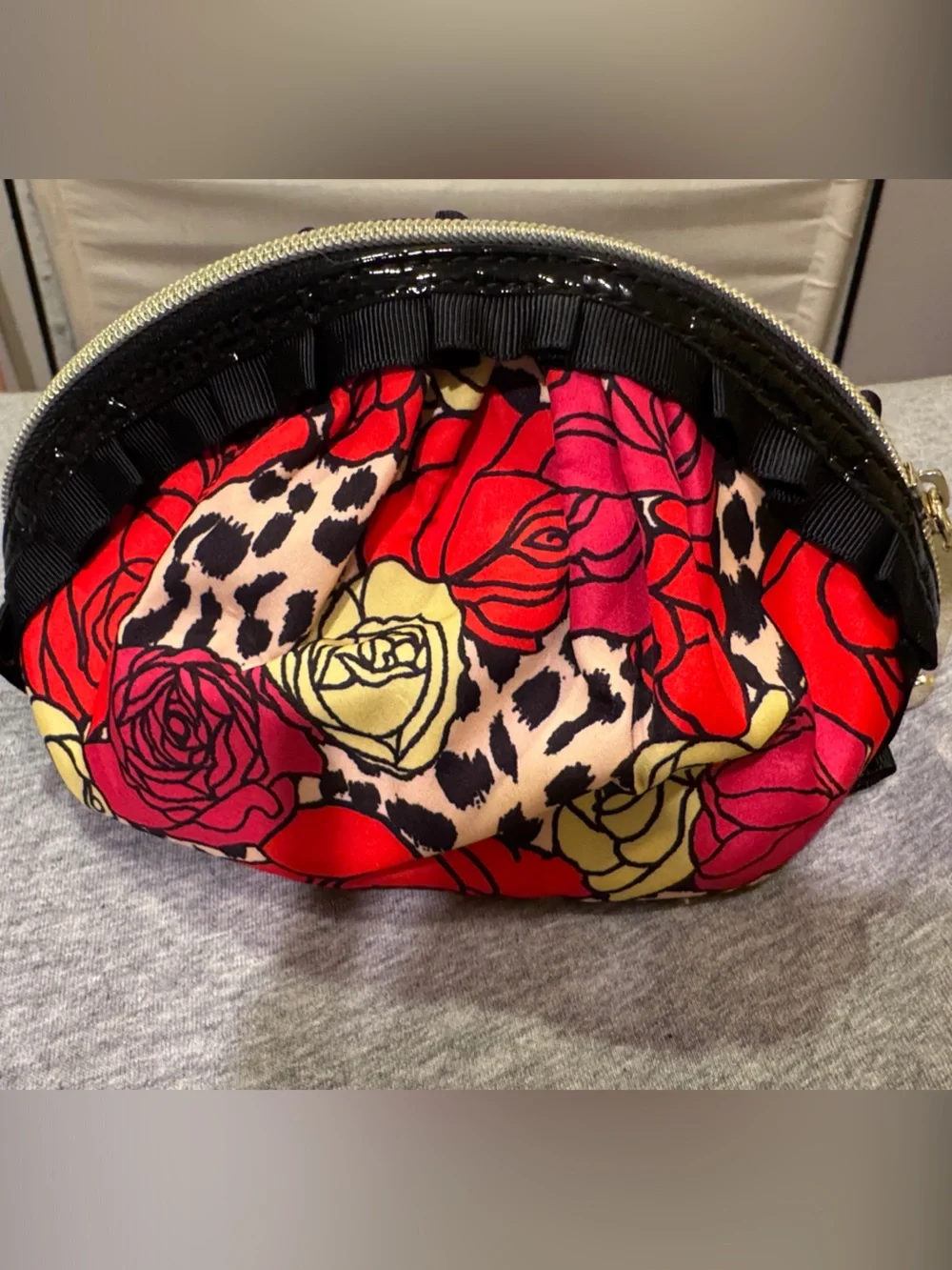 Betsey Johnson Red and Pink Rose Print Cosmetic Pouch with Cream Accents